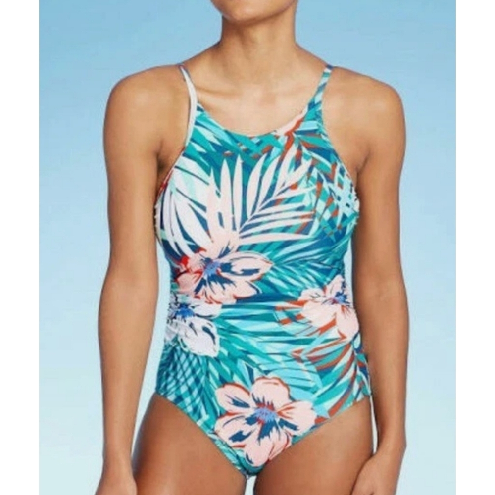 Kona Sol Floral One Piece Swimsuit XL Tropical Print Ruched Adjustable Straps